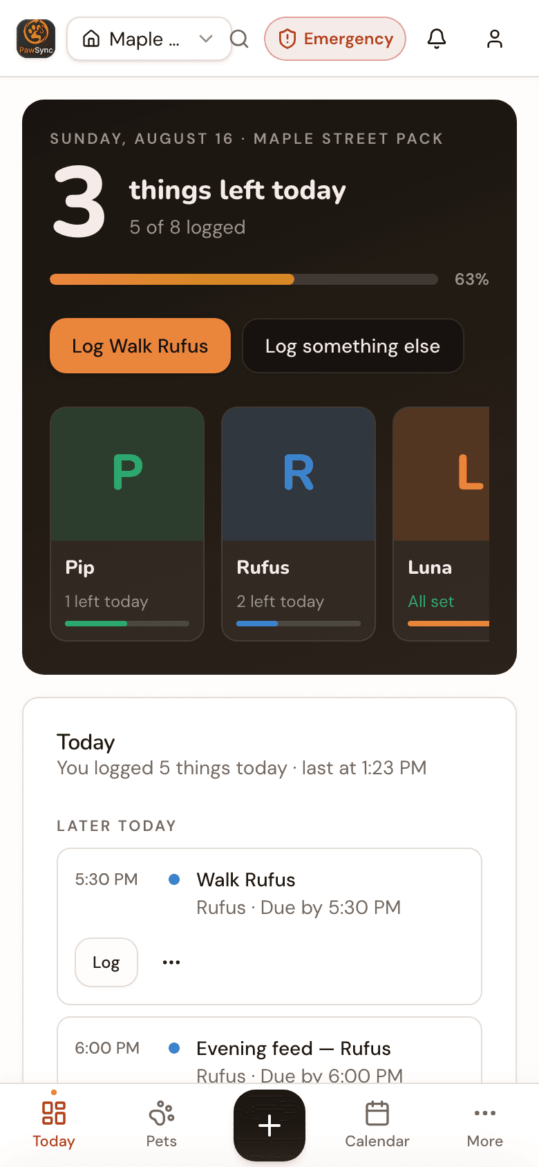 PawSync dashboard on a phone: a summary band showing how many care tasks are left today and how many are already logged, a one-tap button to log the next one, and a card for each pet showing which still need attention and which are all set